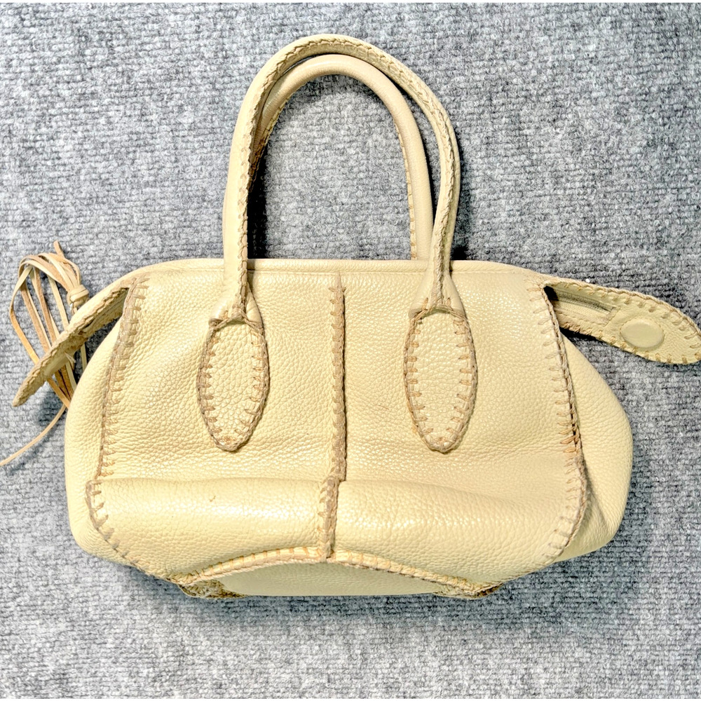 Carlos Falchi Fato a Mano Leather Satchel Beige Green Pebbled Top Handle Bag